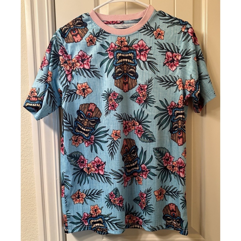 Good Vibes by Drill Clothing Co Tiki Mask T-Shirt Men's Small Blue Hawaiian